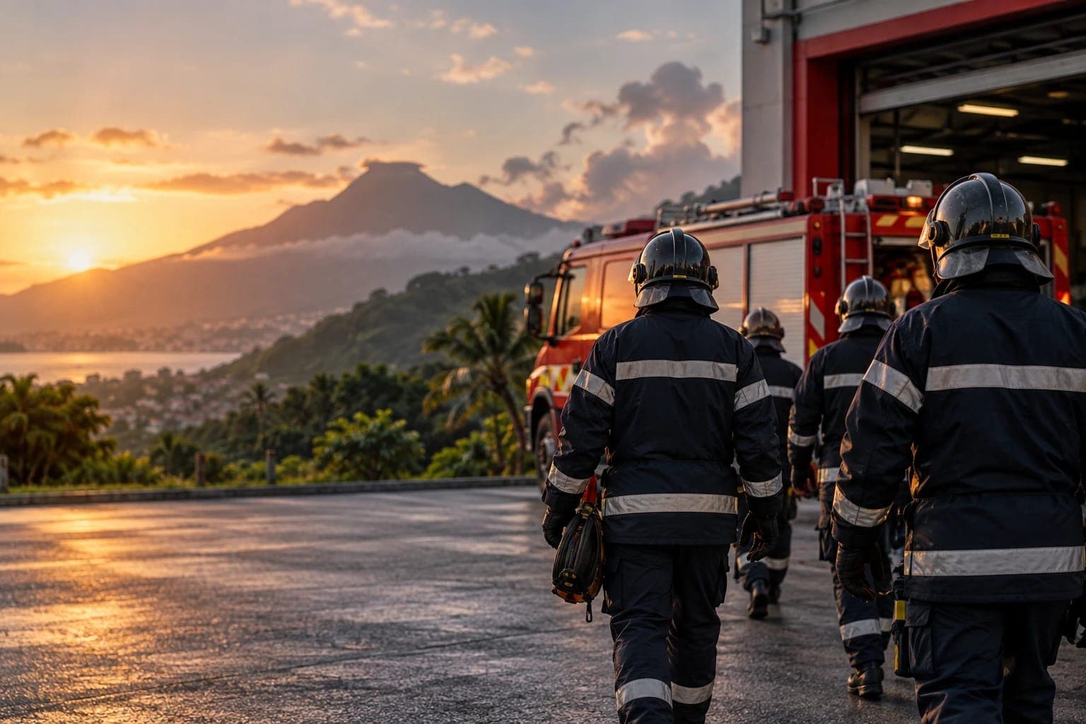 Sapeurs-pompiers rejoignant leur engin au coucher du soleil